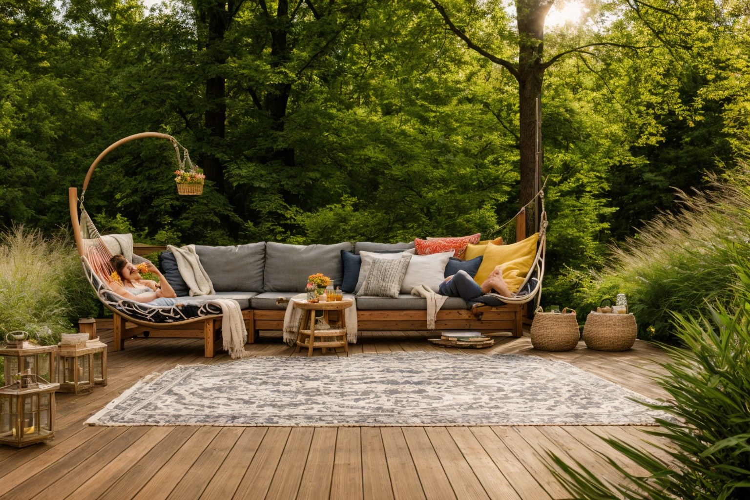 Dive into the world of Photography,  capturing the essence of a wooden deck with a hammock chair and a couch in the middle...
