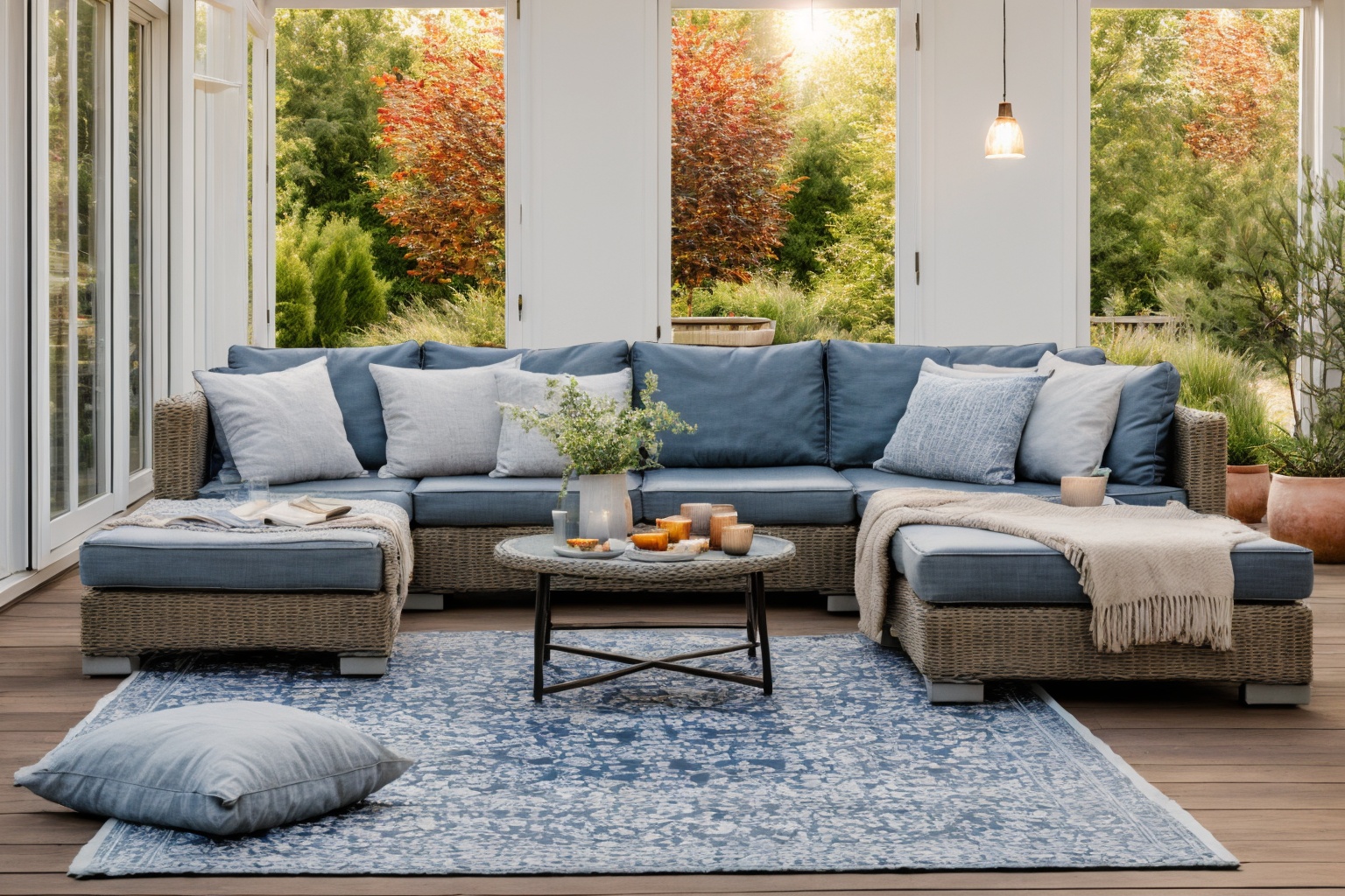 garden,  Dive into the world of Illustration,  painting a serene patio setting with a couch on Tensor.Art