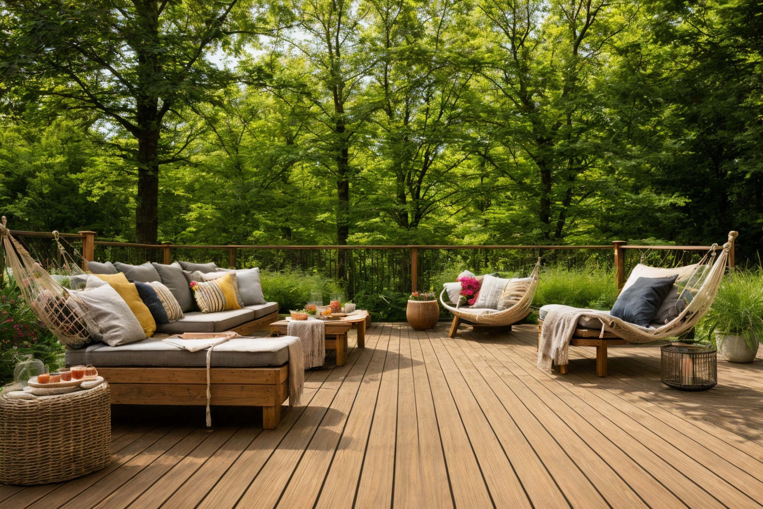 Dive into the world of Photography,  capturing the essence of a wooden deck with a hammock chair and a couch in the middle...