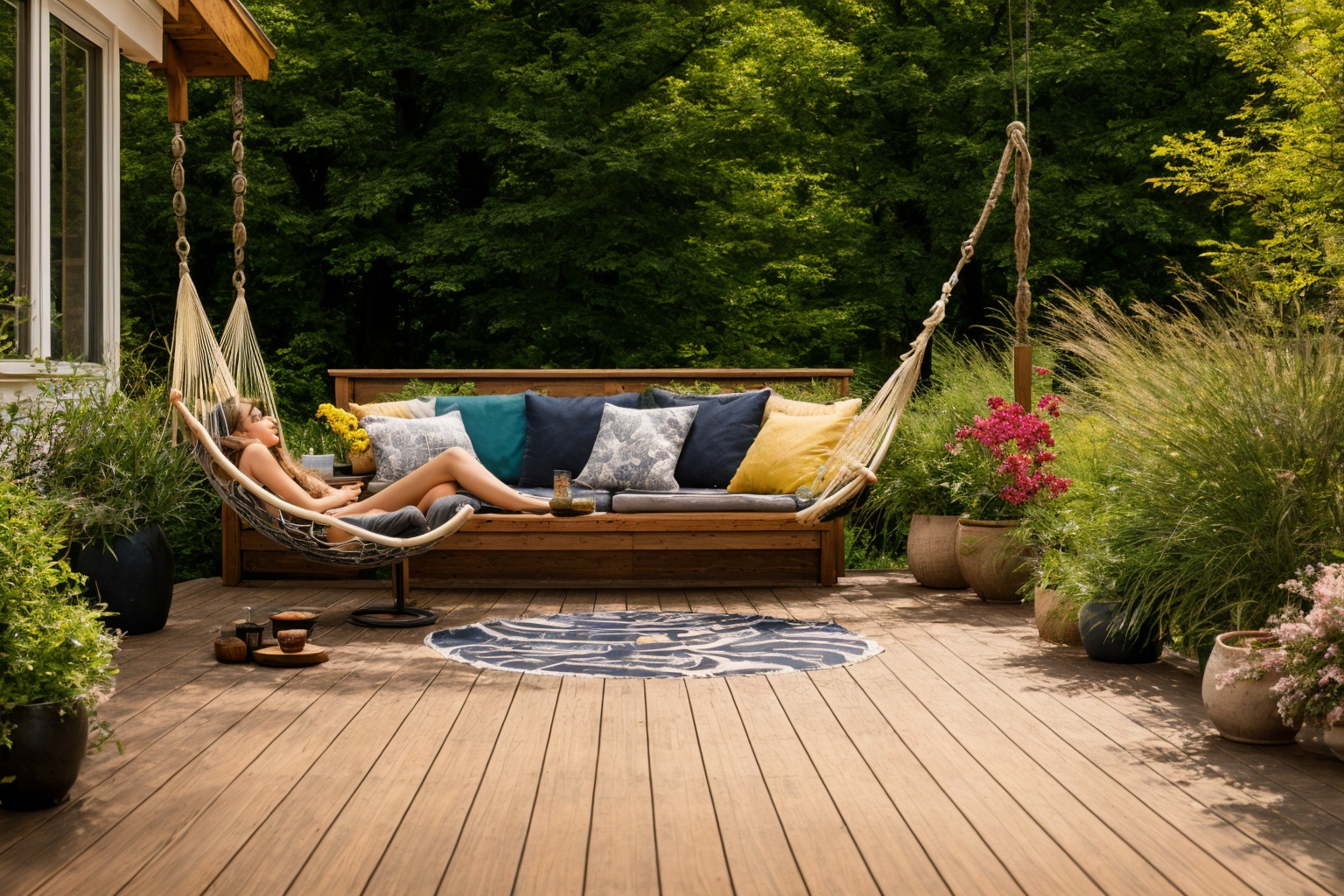Dive into the world of Photography,  capturing the essence of a wooden deck with a hammock chair and a couch in the middle...