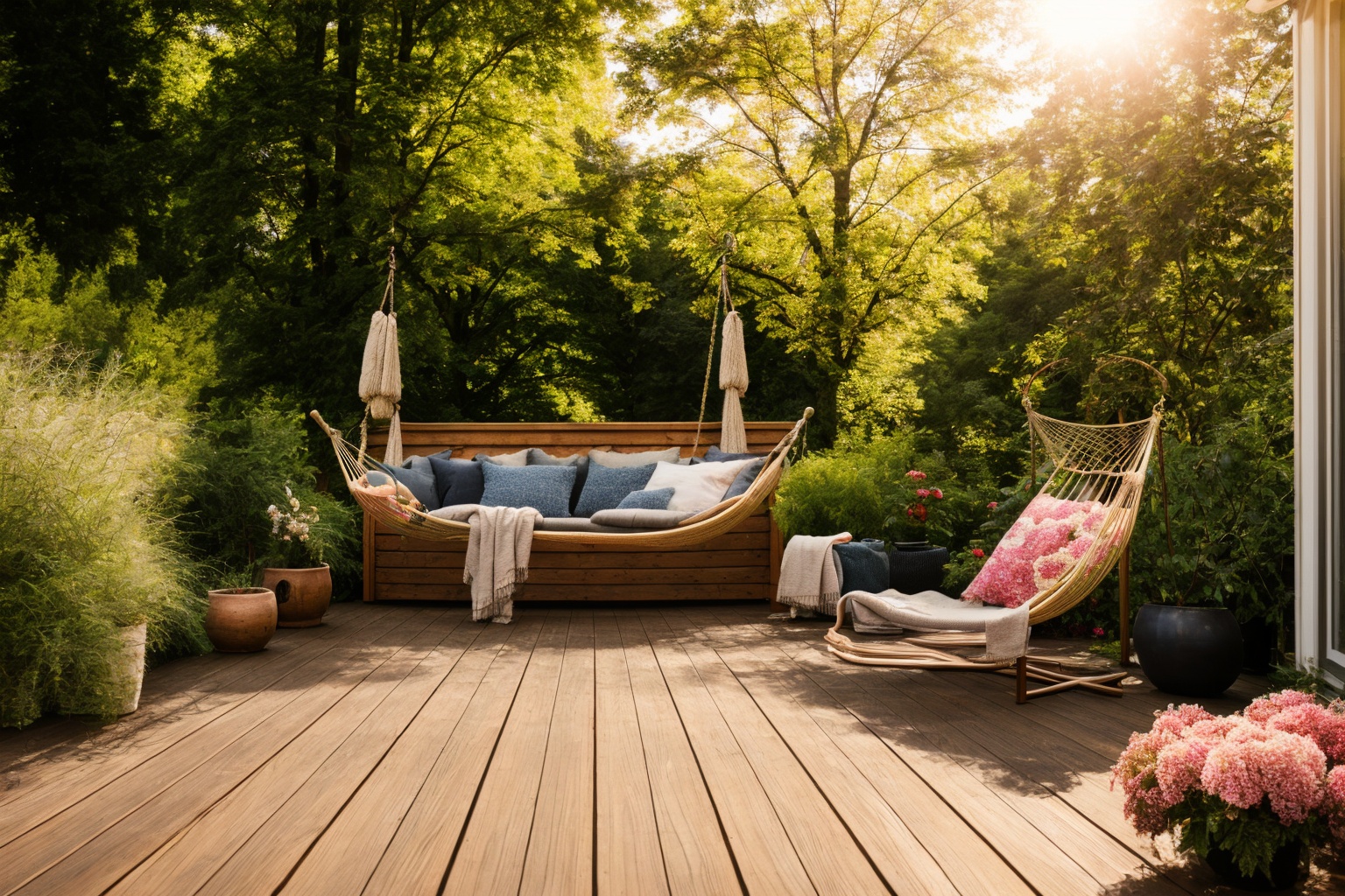 Dive into the world of Photography,  capturing the essence of a wooden deck with a hammock chair and a couch in the middle...
