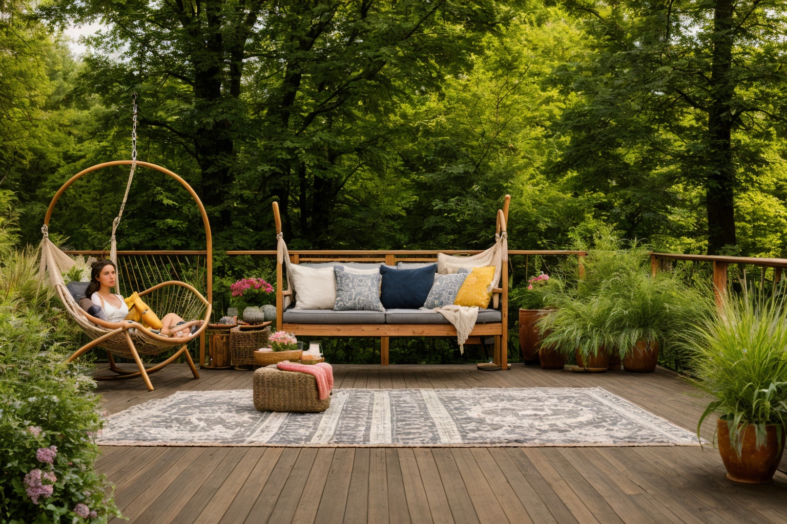 Dive into the world of Photography,  capturing the essence of a wooden deck with a hammock chair and a couch in the middle...