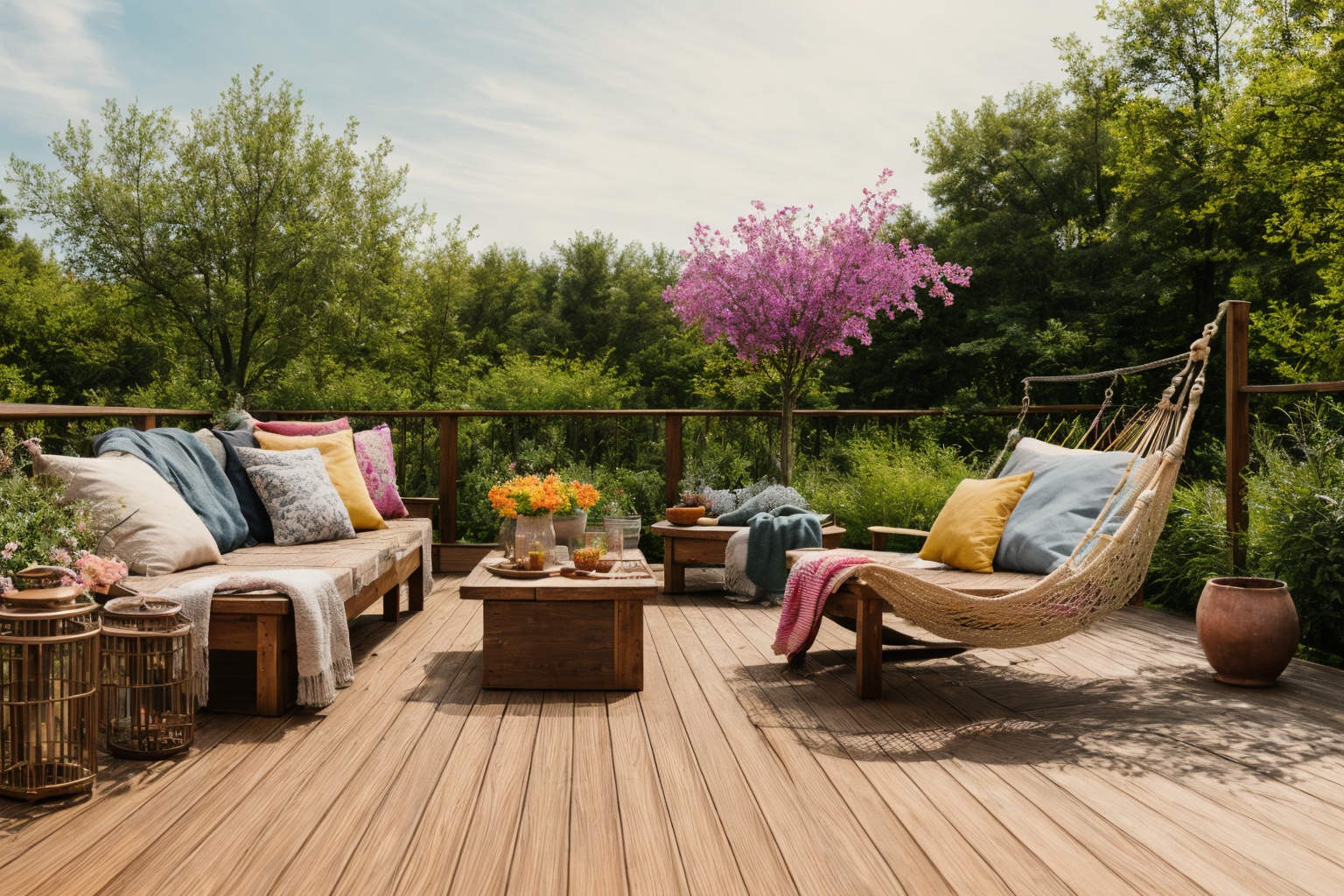 Dive into the world of Photography,  capturing the essence of a wooden deck with a hammock chair and a couch in the middle...