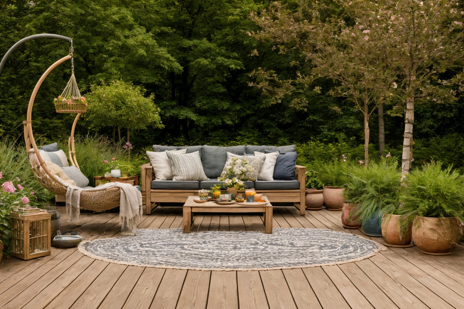garden,  Embark on a journey with Illustration,  depicting a wooden deck with a hammock chair and a couch at its heart on...