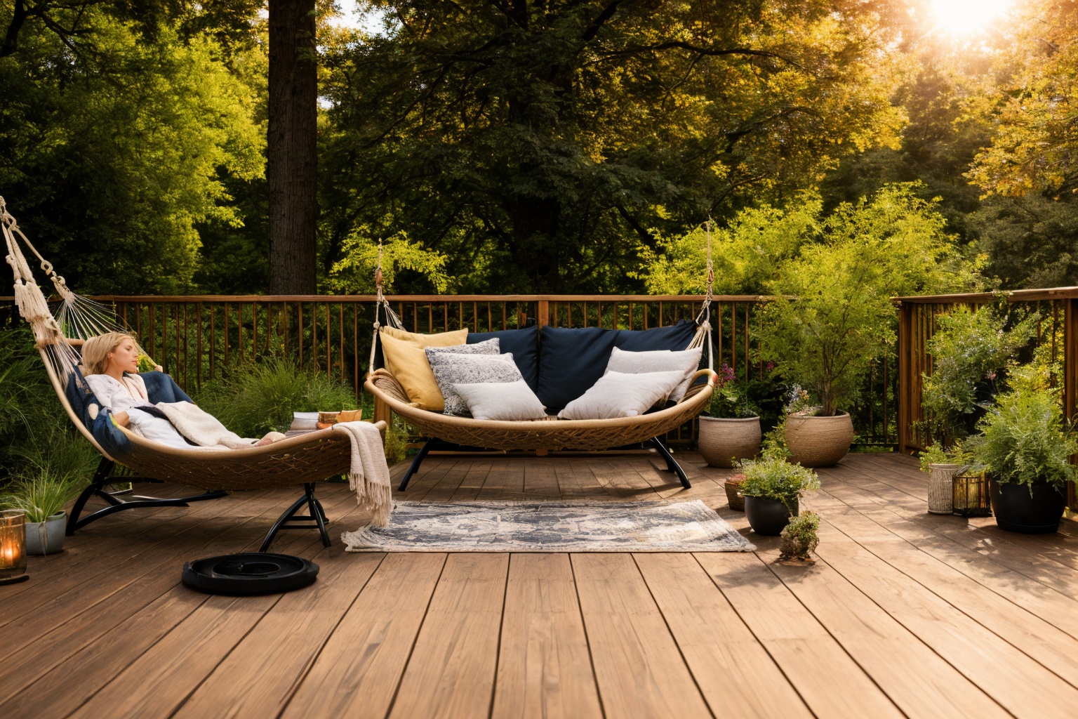 Dive into the world of Photography,  capturing the essence of a wooden deck with a hammock chair and a couch in the middle...