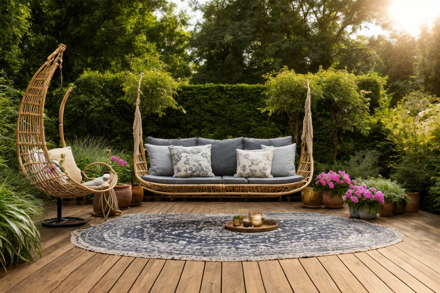 garden,  Experience the magic of Pixar 3D,  bringing to life a wooden deck adorned with a hammock chair and a couch on Ten...