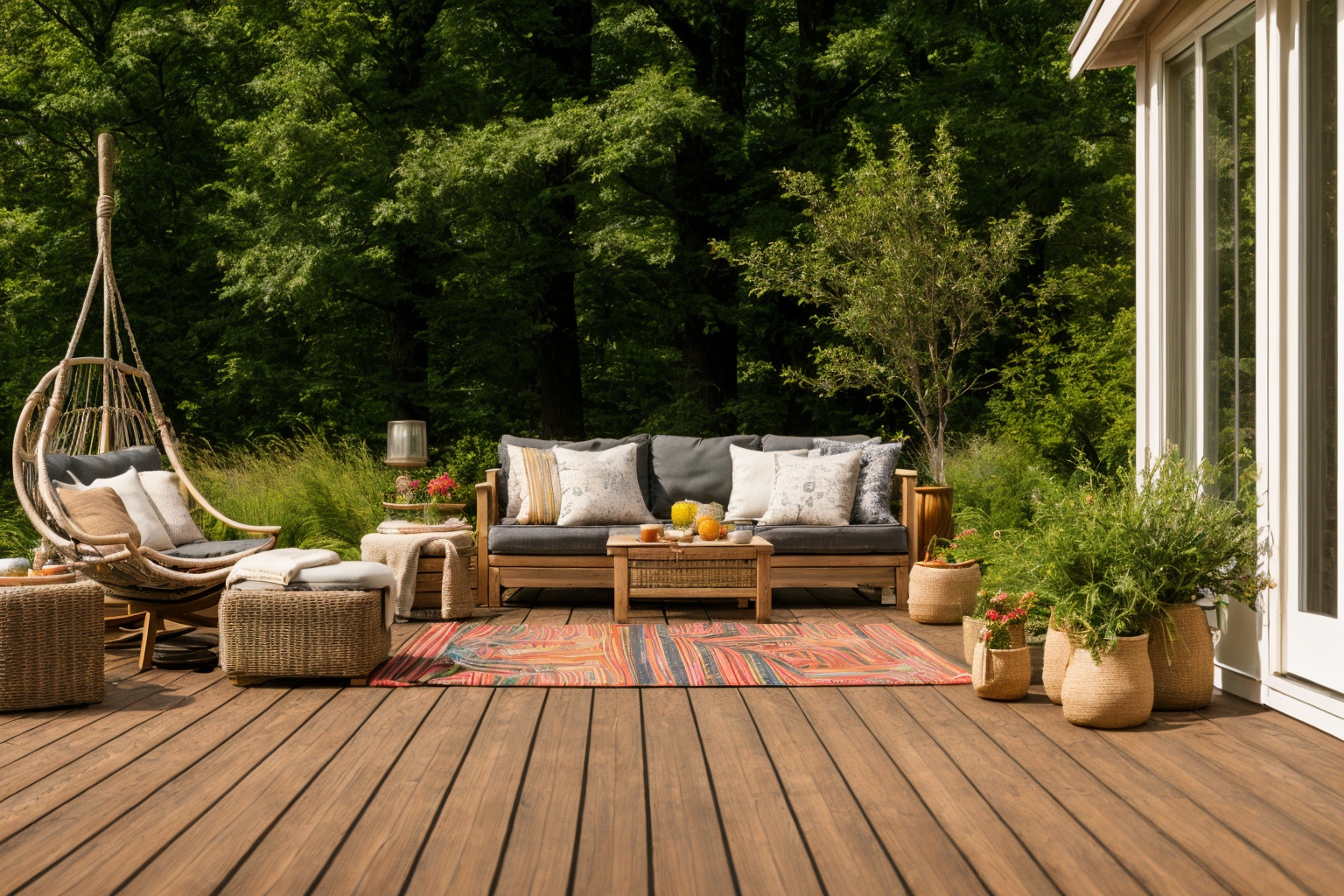 Dive into the world of Photography,  capturing the essence of a wooden deck with a hammock chair and a couch in the middle...