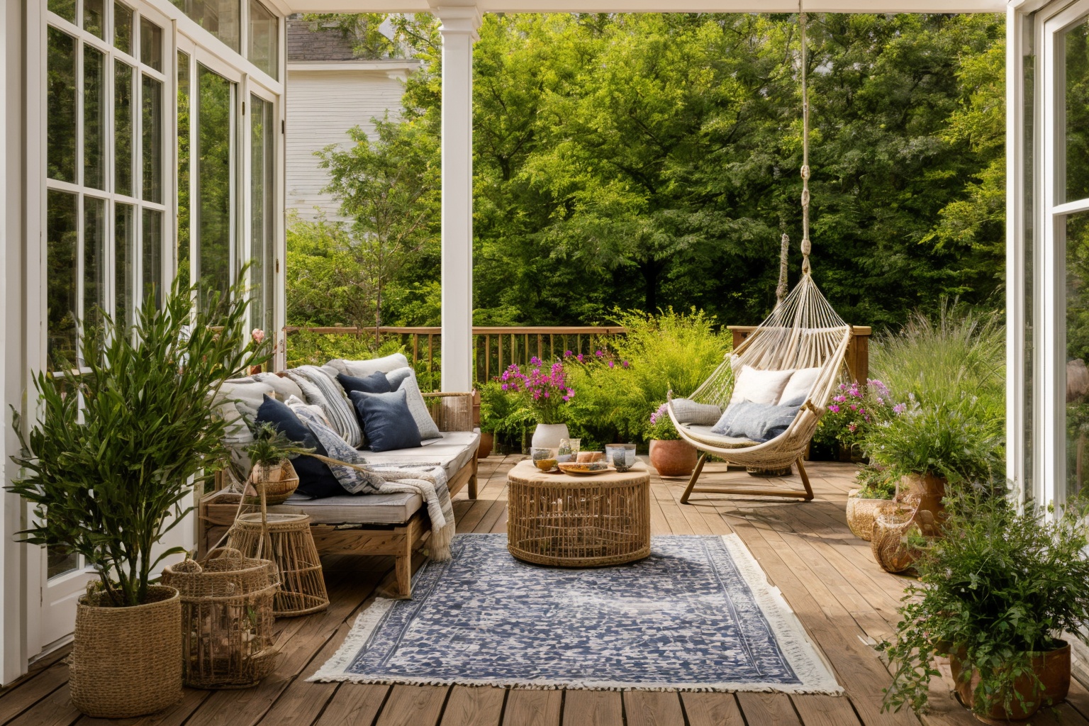 garden,  Embark on a journey with Illustration,  depicting a wooden deck with a hammock chair and a couch at its heart on...