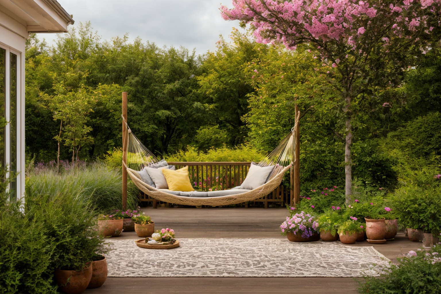 garden,  Embark on a journey with Illustration,  depicting a wooden deck with a hammock chair and a couch at its heart on...