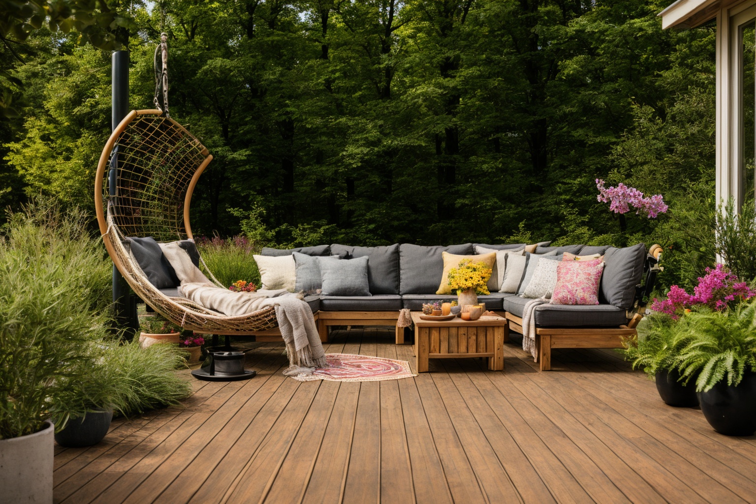 Dive into the world of Photography,  capturing the essence of a wooden deck with a hammock chair and a couch in the middle...