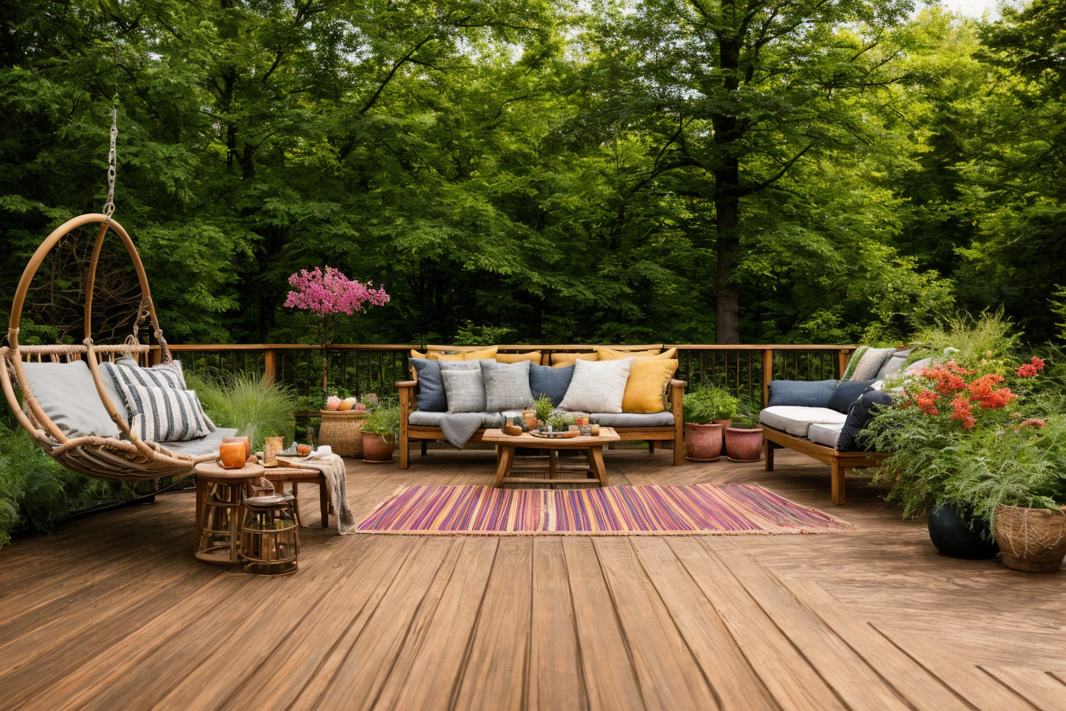 Dive into the world of Photography,  capturing the essence of a wooden deck with a hammock chair and a couch in the middle...