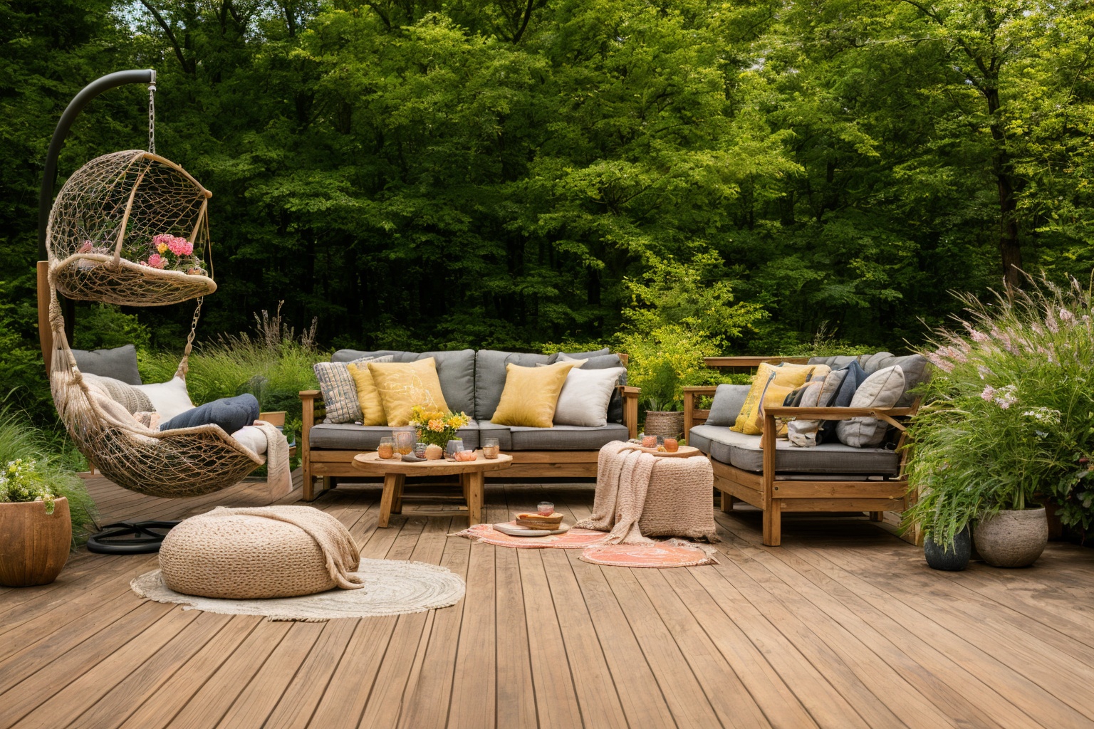 Dive into the world of Photography,  capturing the essence of a wooden deck with a hammock chair and a couch in the middle...