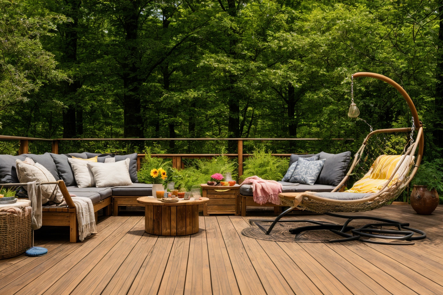 Dive into the world of Photography,  capturing the essence of a wooden deck with a hammock chair and a couch in the middle...