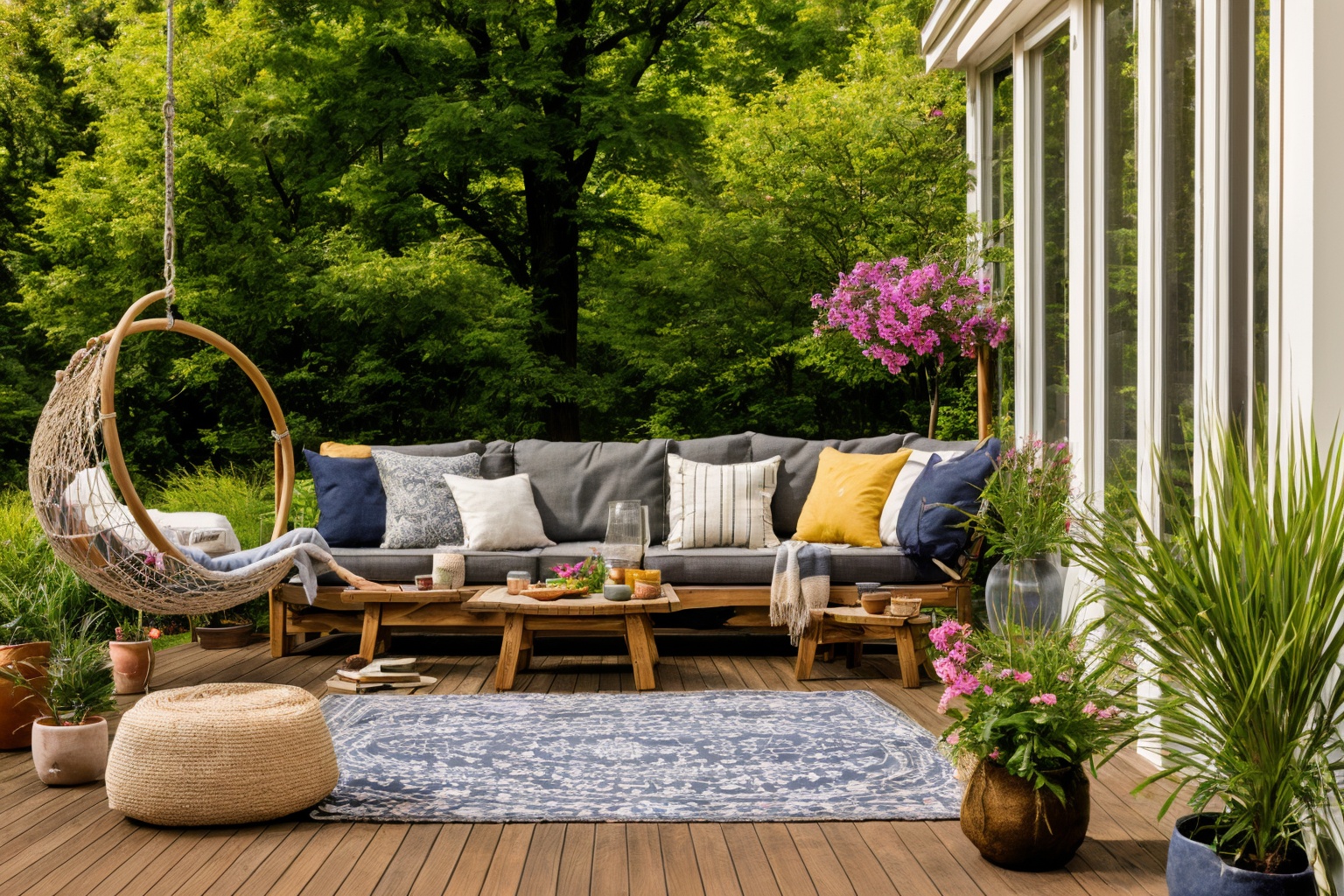 Dive into the world of Photography,  capturing the essence of a wooden deck with a hammock chair and a couch in the middle...