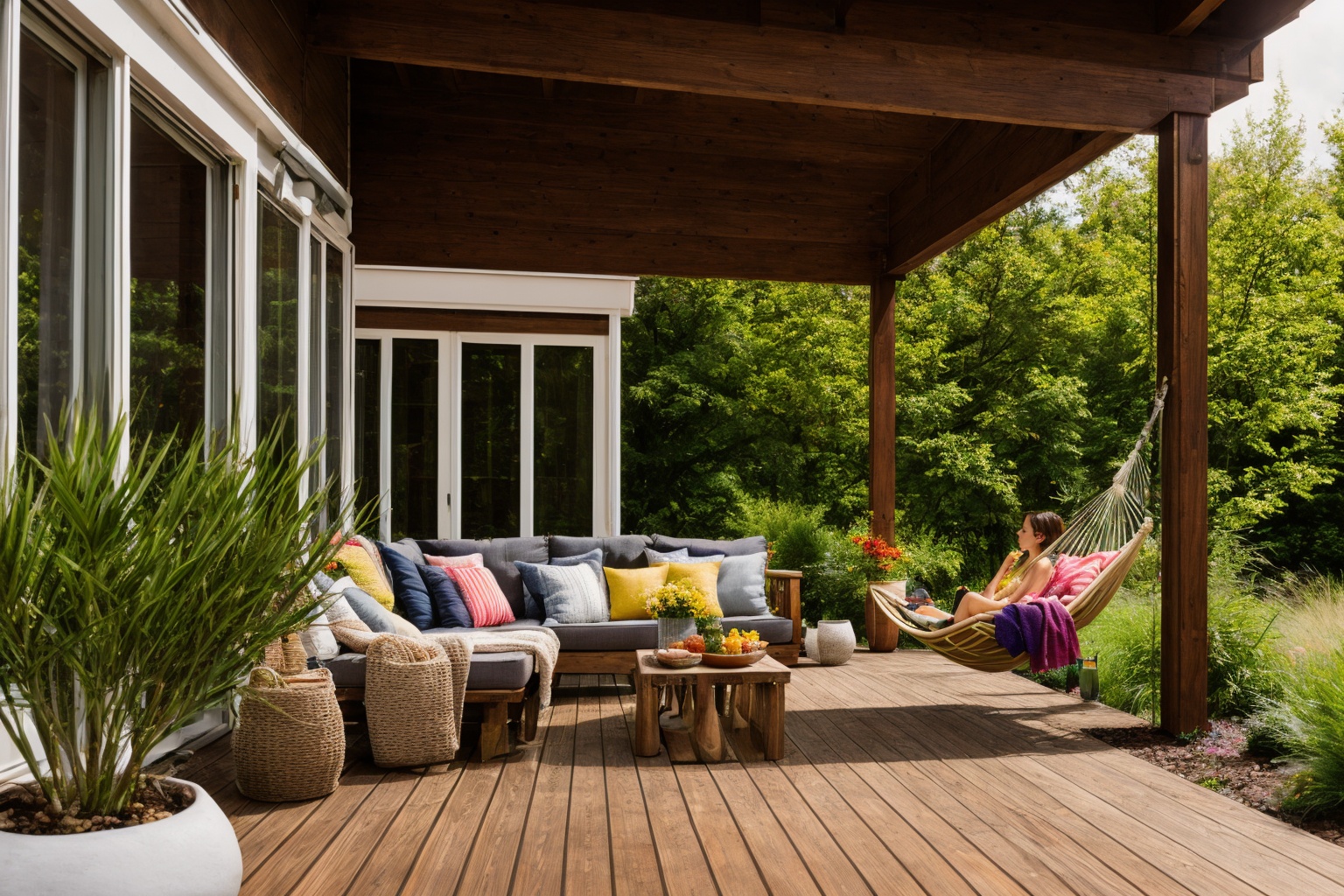 Dive into the world of Photography,  capturing the essence of a wooden deck with a hammock chair and a couch in the middle...
