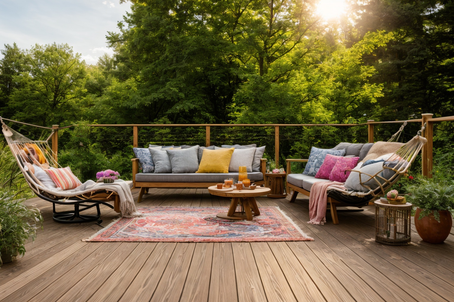 Dive into the world of Photography,  capturing the essence of a wooden deck with a hammock chair and a couch in the middle...