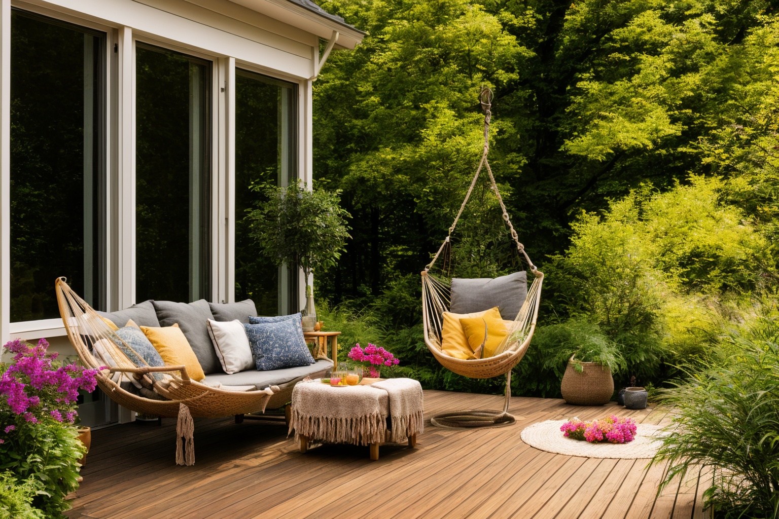 Dive into the world of Photography,  capturing the essence of a wooden deck with a hammock chair and a couch in the middle...