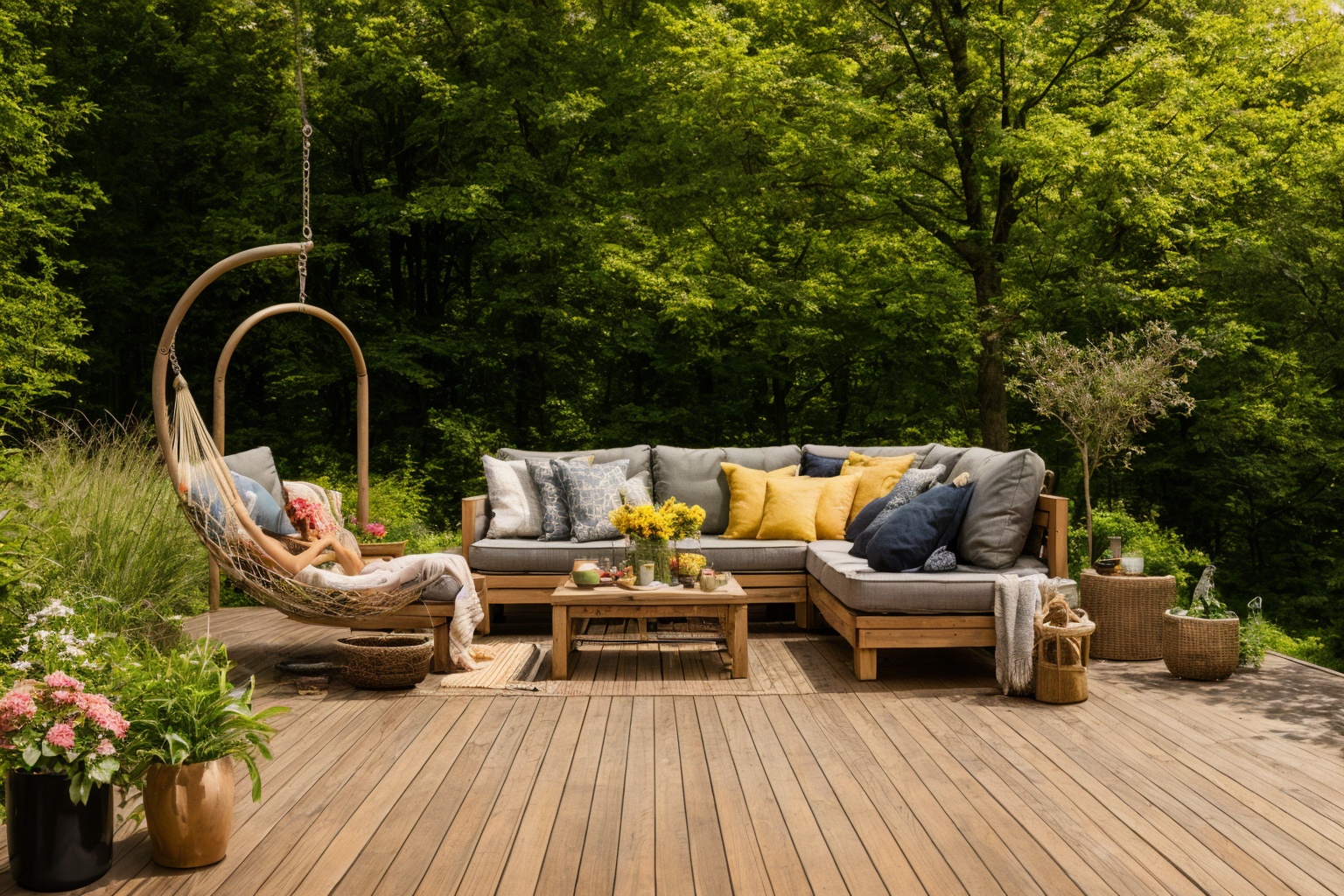 Dive into the world of Photography,  capturing the essence of a wooden deck with a hammock chair and a couch in the middle...