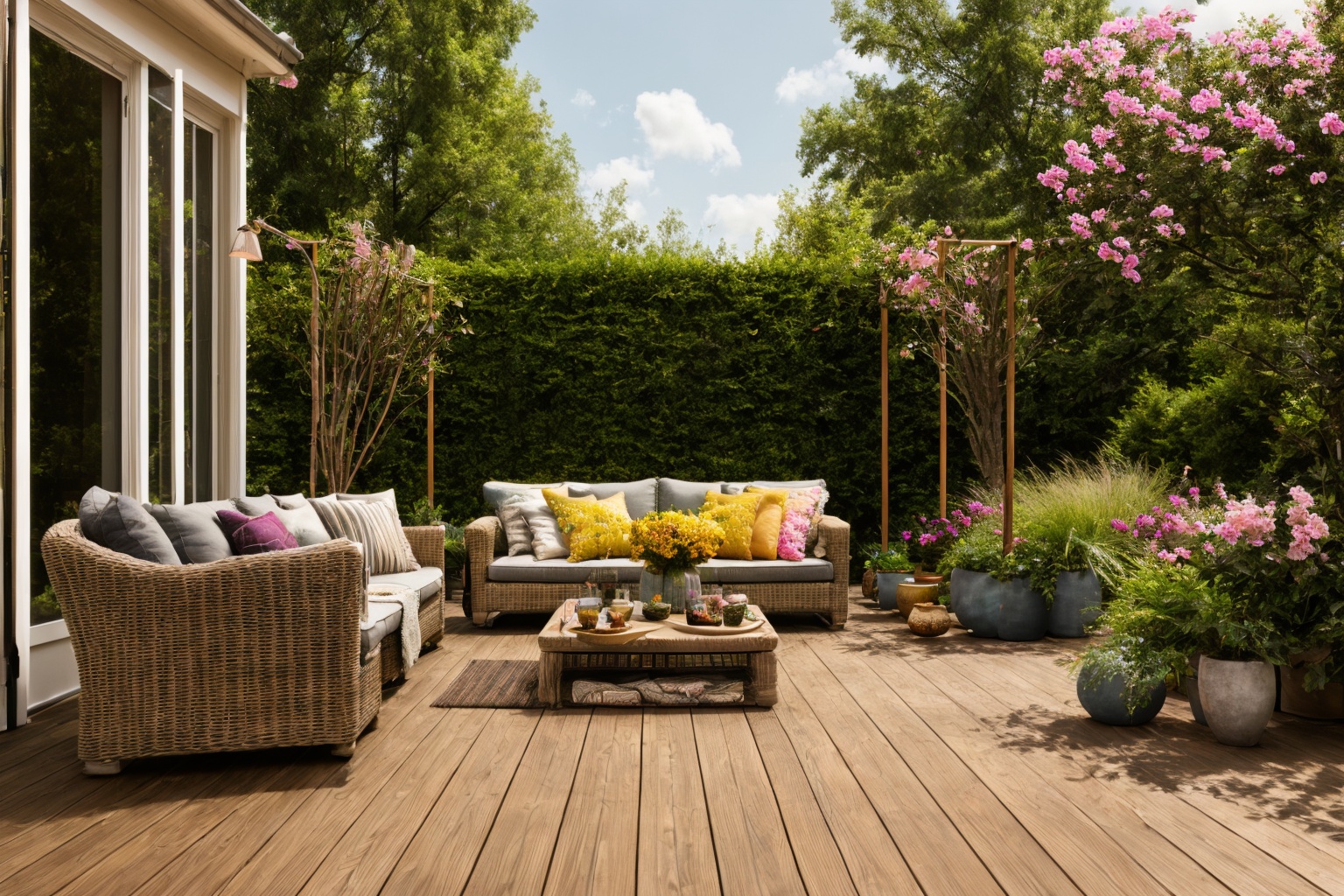 garden,  Experience the magic of Pixar 3D,  bringing to life a wooden deck adorned with a hammock chair and a couch on Ten...