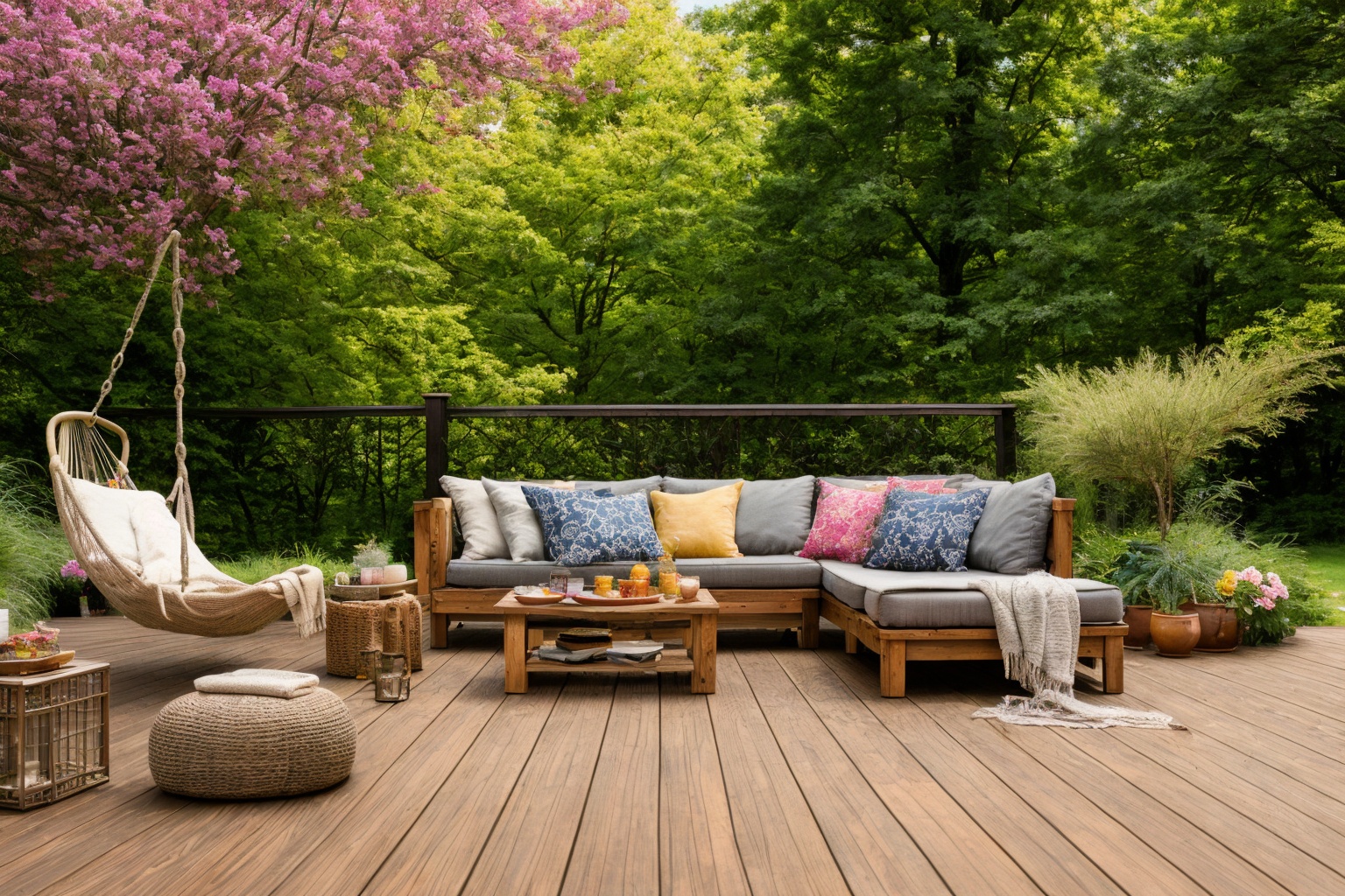 Dive into the world of Photography,  capturing the essence of a wooden deck with a hammock chair and a couch in the middle...