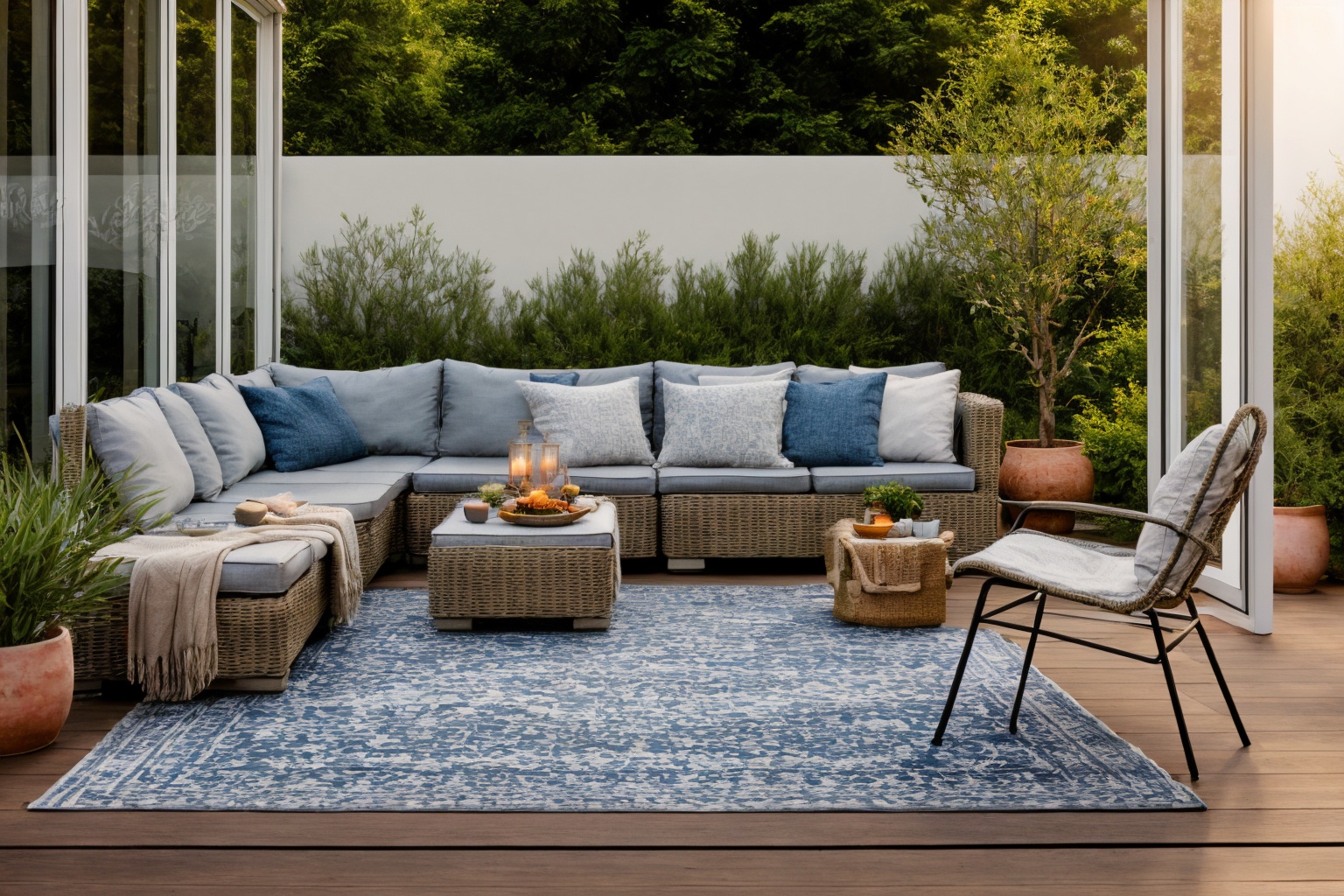 garden,  Dive into the world of Illustration,  painting a serene patio setting with a couch on Tensor.Art