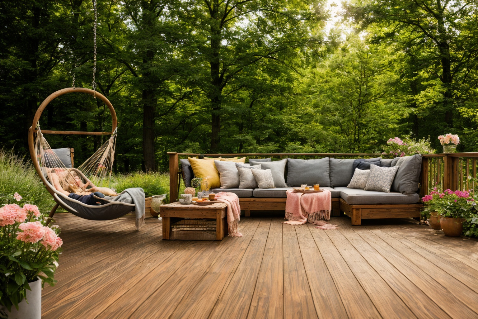 Dive into the world of Photography,  capturing the essence of a wooden deck with a hammock chair and a couch in the middle...