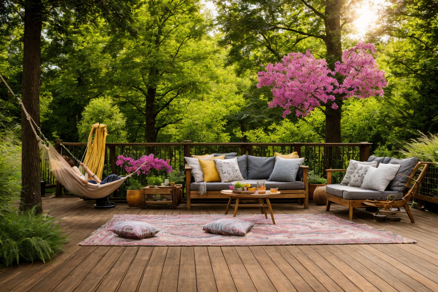 Dive into the world of Photography,  capturing the essence of a wooden deck with a hammock chair and a couch in the middle...