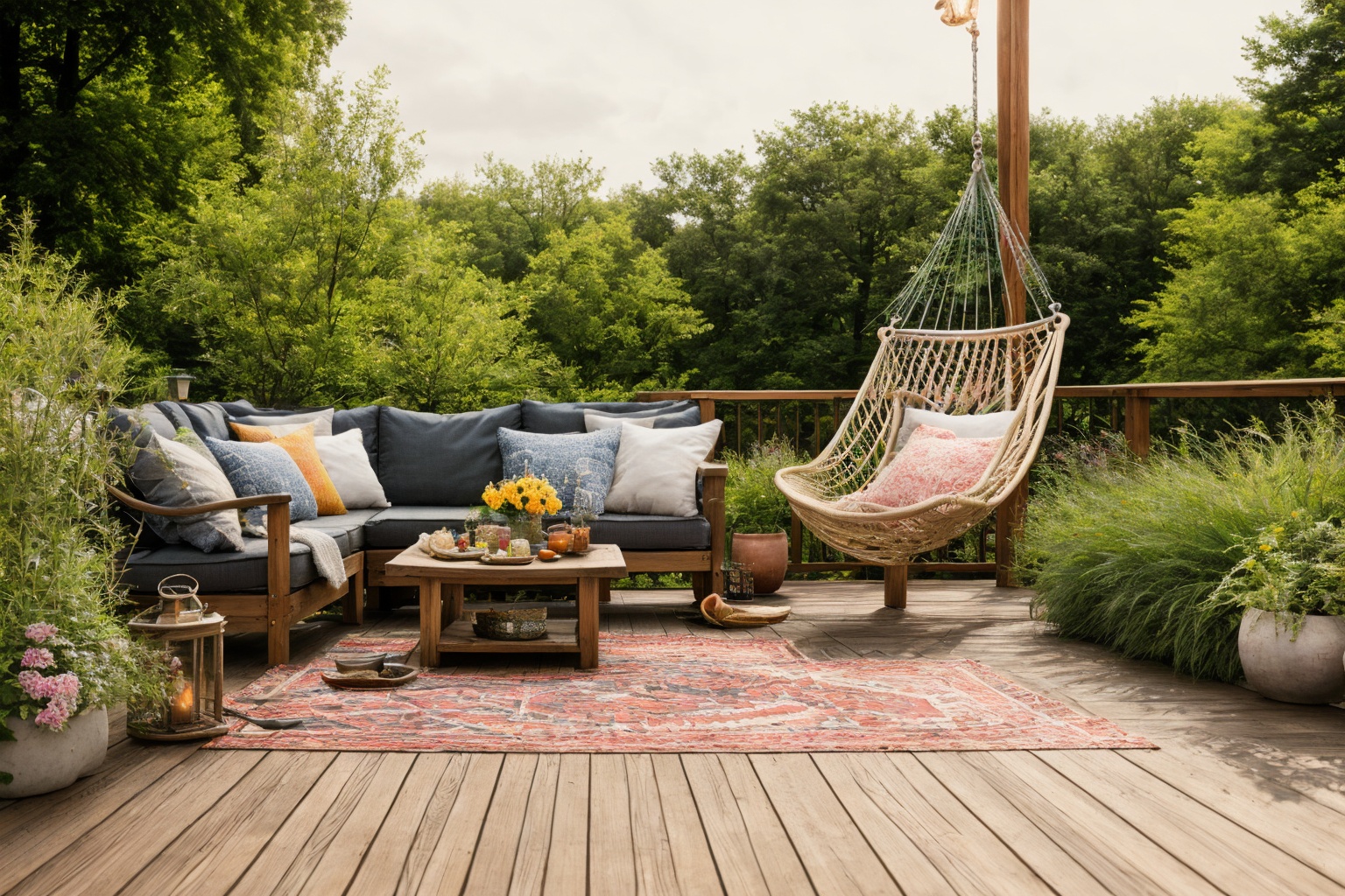 Dive into the world of Photography,  capturing the essence of a wooden deck with a hammock chair and a couch in the middle...