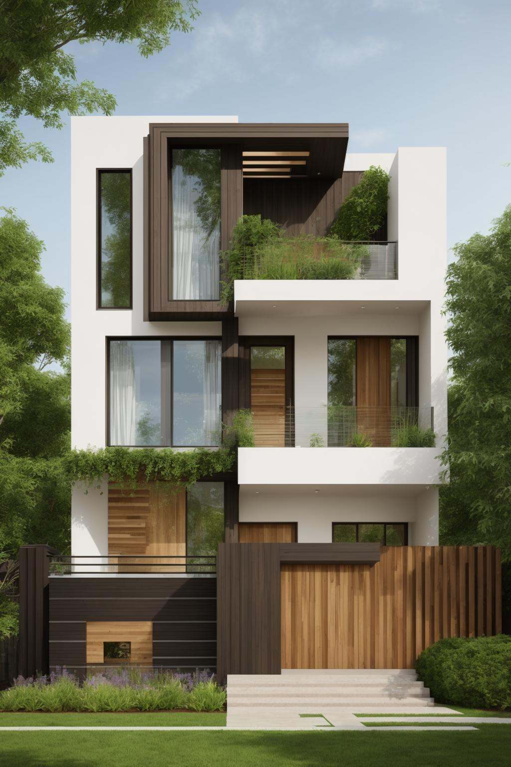 A modern street-facing house seamlessly integrates natural elements into its design. The architecture embodies an urban oa...