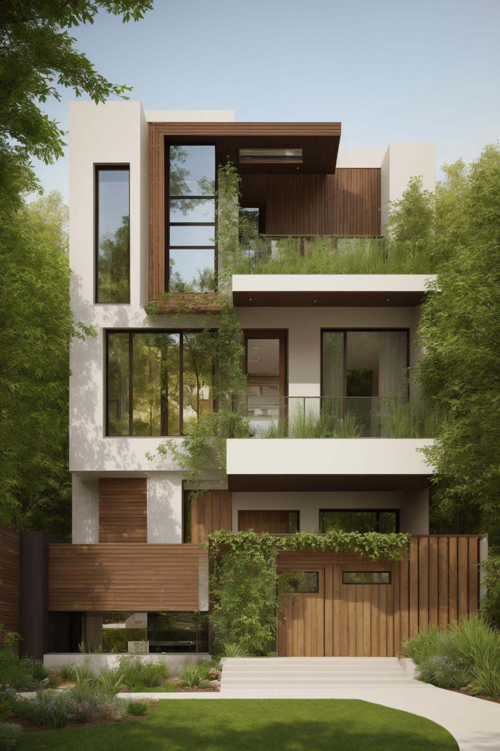 A modern street-facing house seamlessly integrates natural elements into its design. The architecture embodies an urban oa...