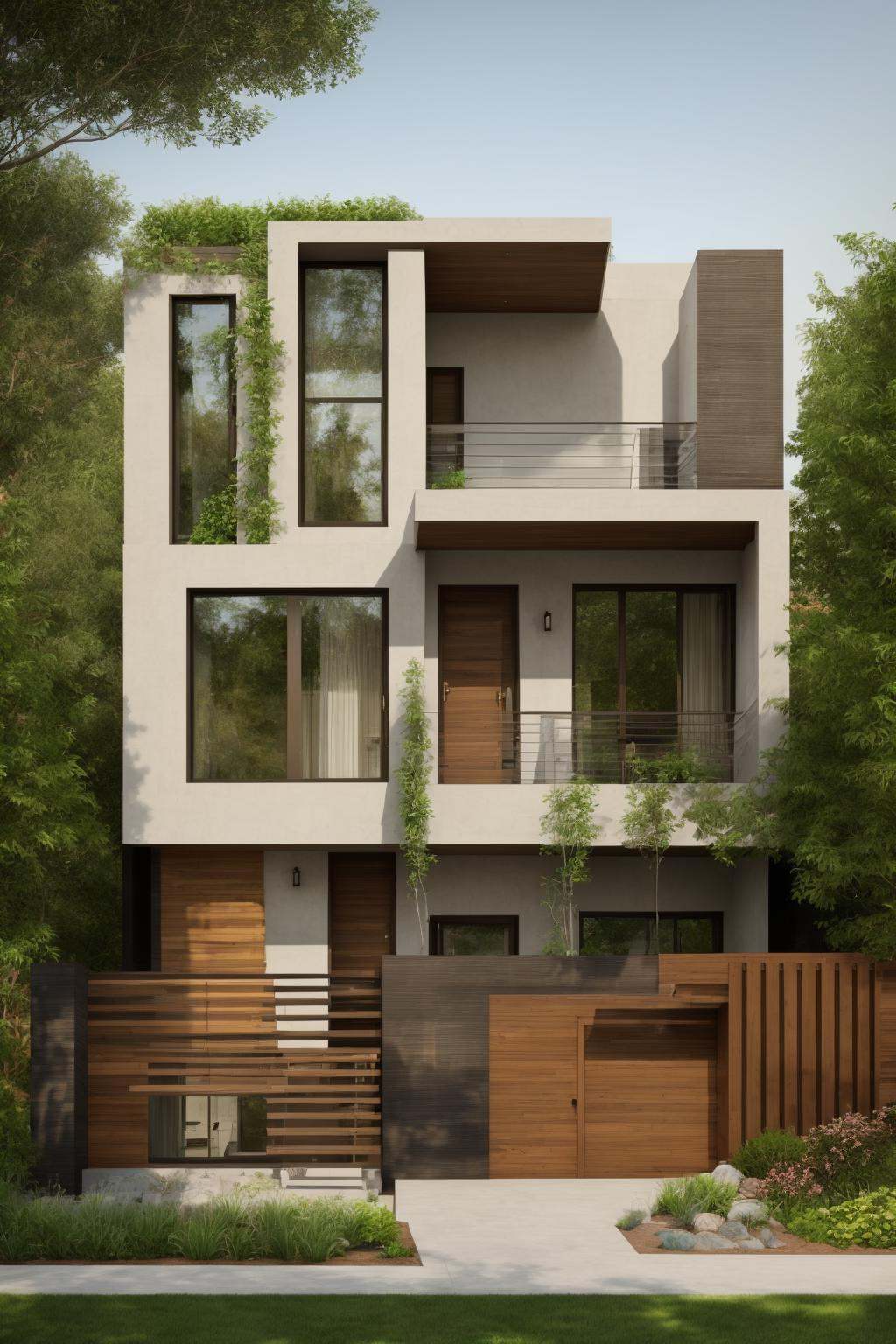 A modern street-facing house seamlessly integrates natural elements into its design. The architecture embodies an urban oa...