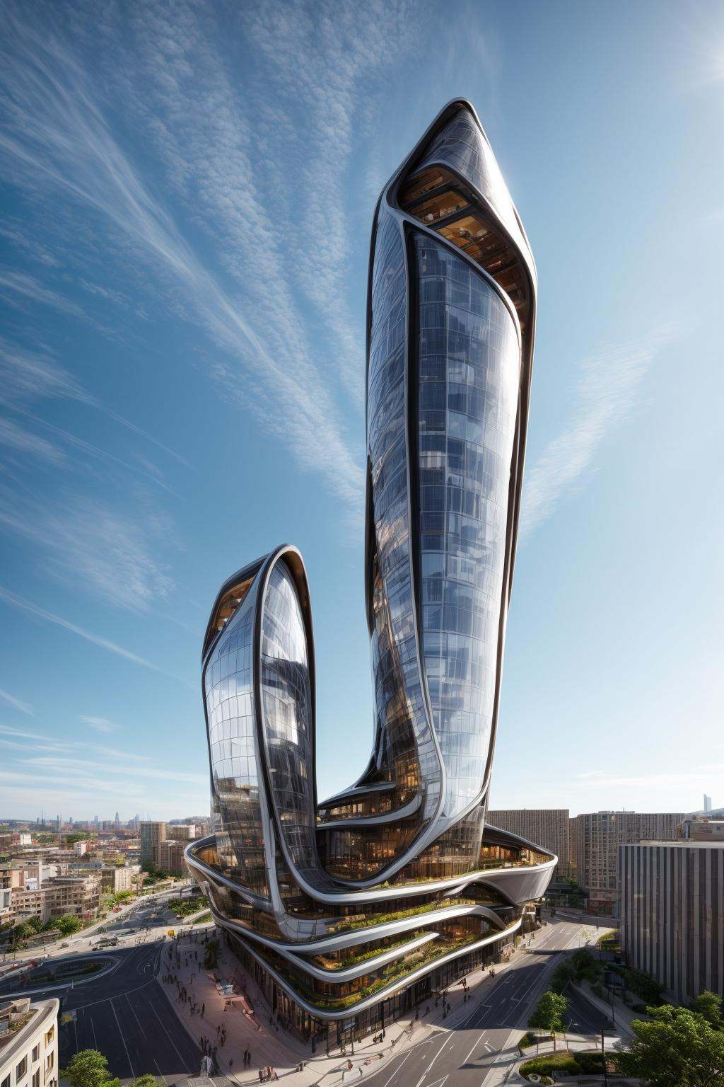 A futuristic and stunningly beautiful high-rise shopping center architectural structure with bold,  futuristic design elem...