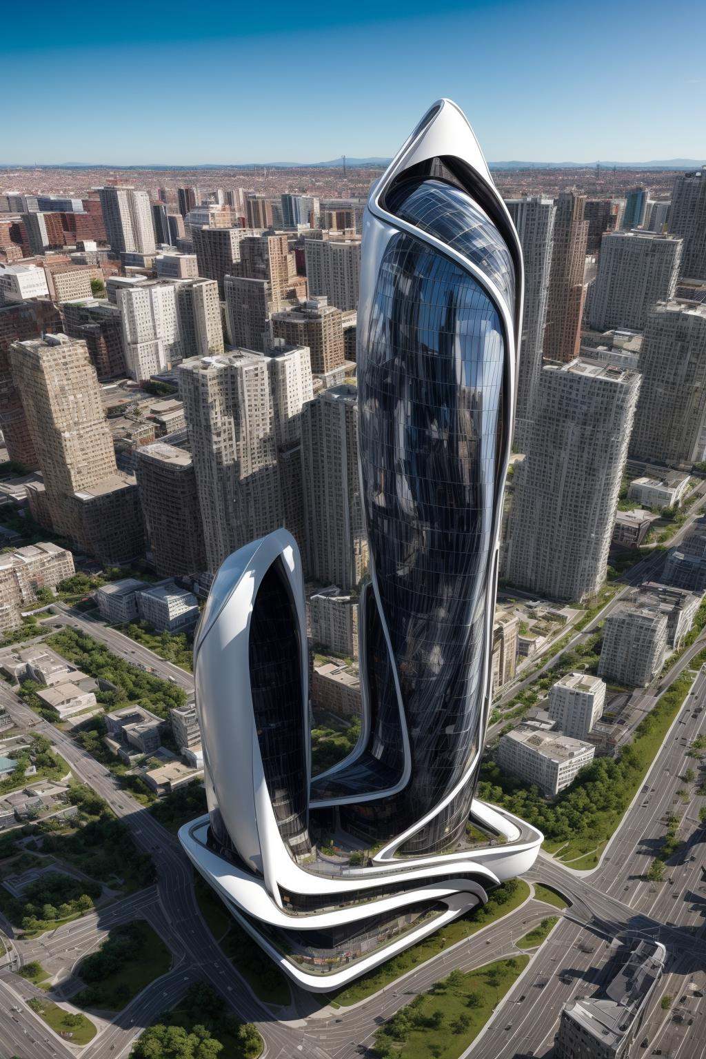 A futuristic and stunningly beautiful high-rise shopping center architectural structure with bold,  futuristic design elem...