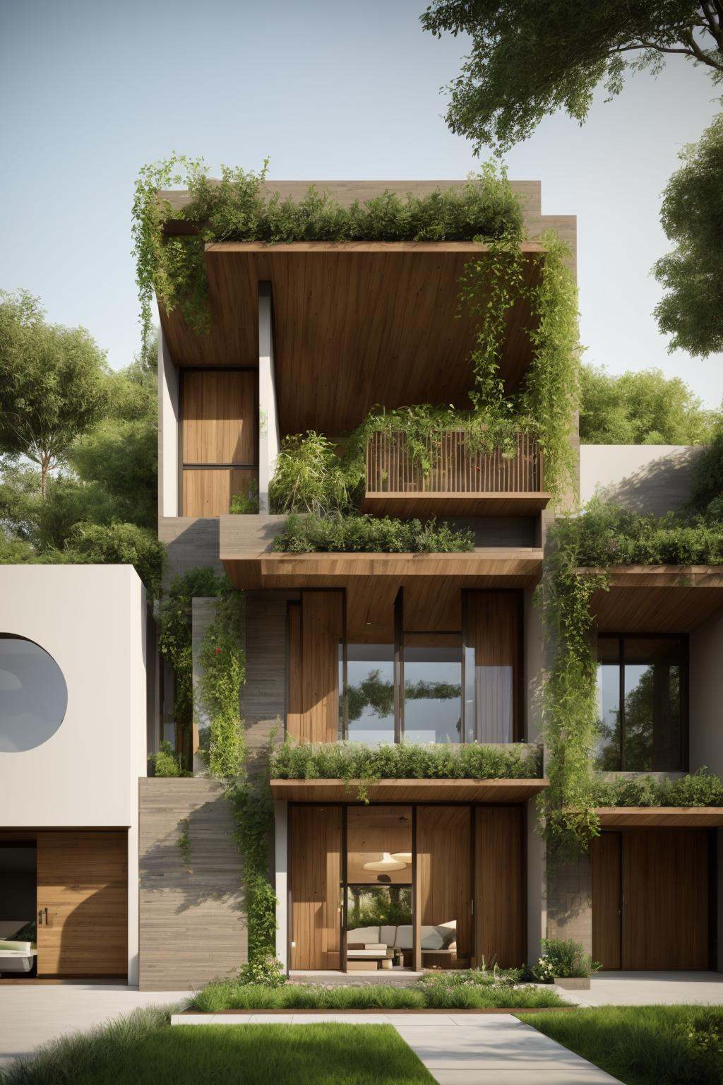 A modern street-facing house seamlessly integrates natural elements into its design. The architecture embodies an urban oa...