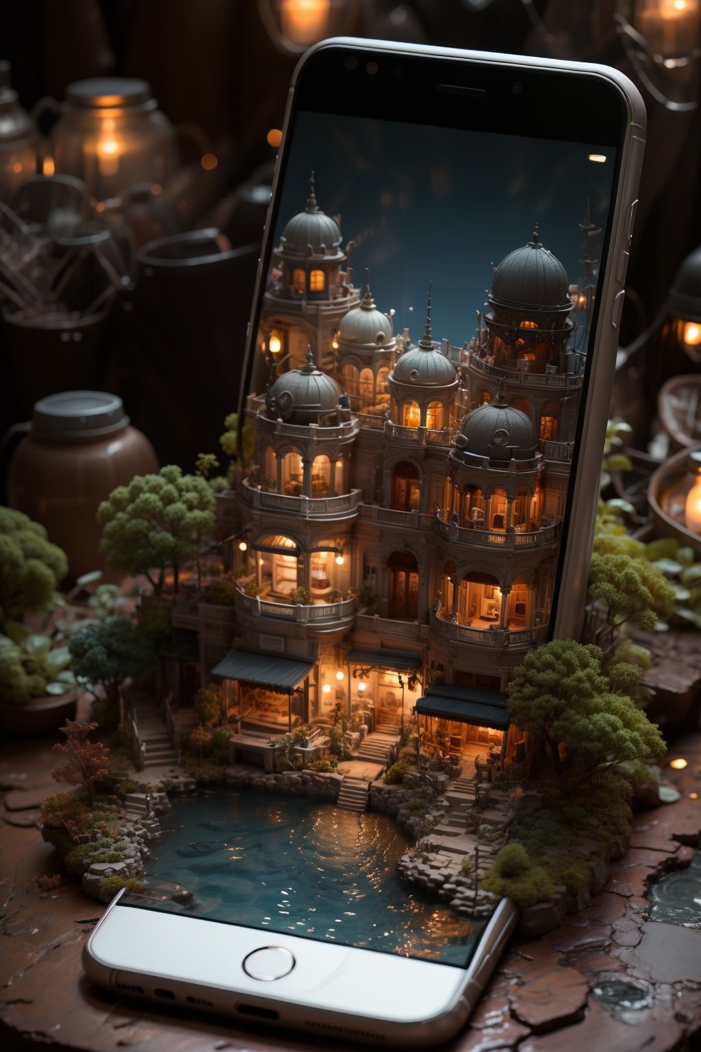BJ_phone_and_world,outdoors,water,blurry,tree,no_humans,phone,cellphone,building,scenery,smartphone,cinematic lighting,strong contrast,high level of detail,Best quality,masterpiece,White background,<lora:phone_and_world:0.7>,