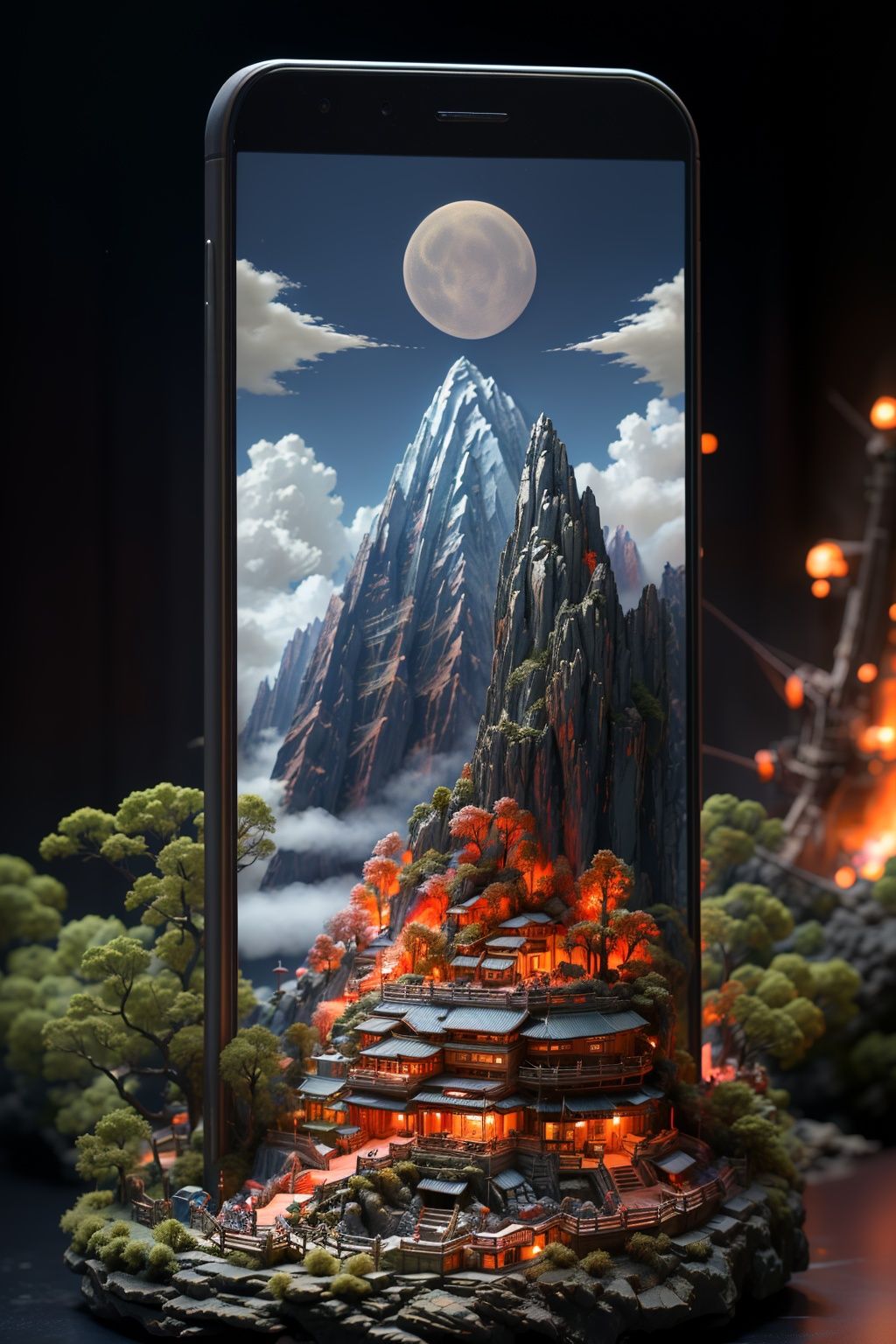 BJ_phone_and_world, sky, tree, no_humans, phone, cellphone, building, scenery, smartphone, mountain, architecture, east_asian_architecture, mount_fuji,cinematic lighting,strong contrast,high level of detail,Best quality,masterpiece,White background,<lora:phone_and_world:0.7>,