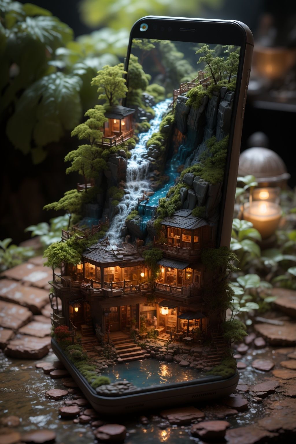 BJ_phone_and_world, water, blurry, no_humans, depth_of_field, phone, plant, scenery, rock,cinematic lighting,strong contrast,high level of detail,Best quality,masterpiece,White background,<lora:phone_and_world:0.7>,