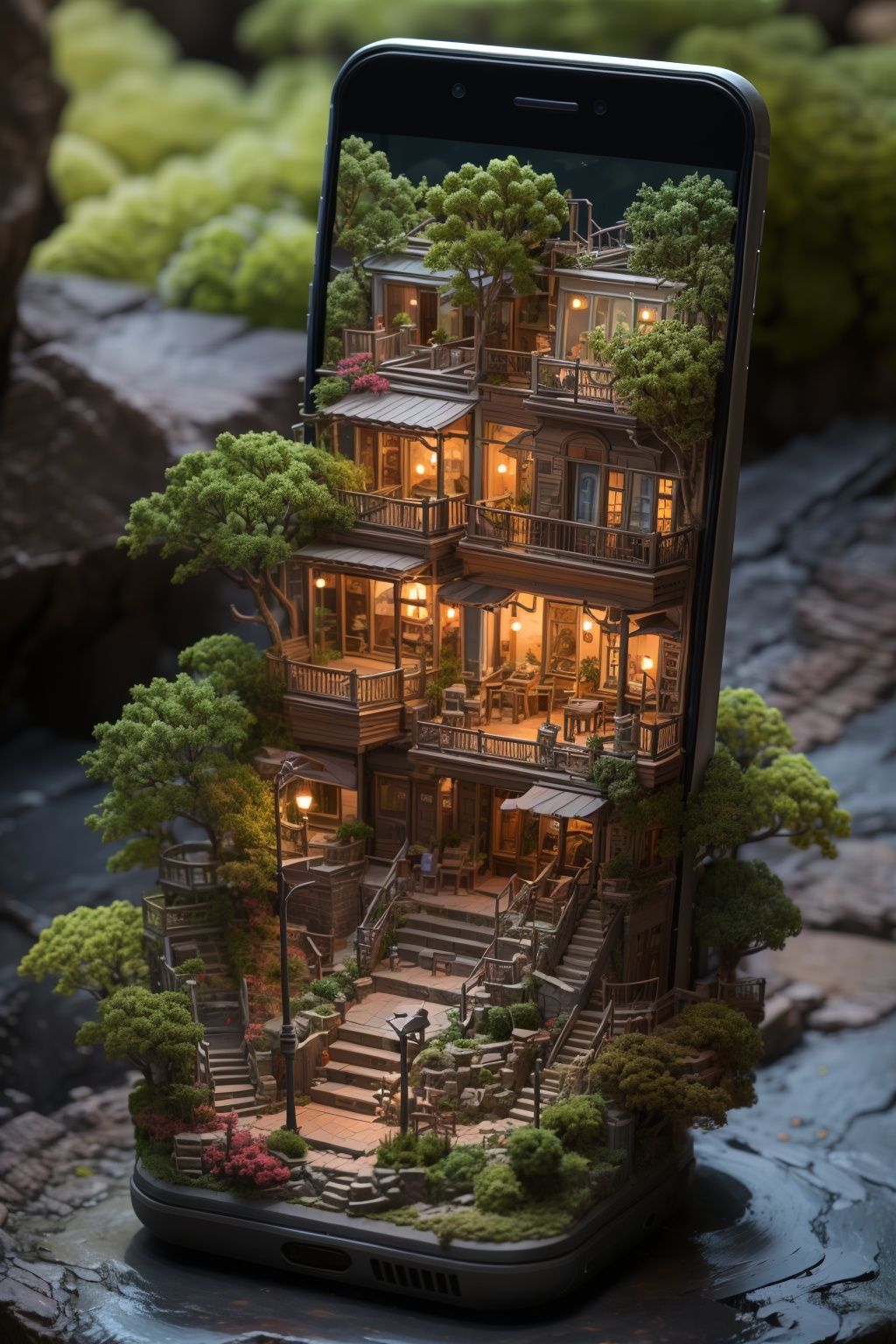 BJ_phone_and_world,outdoors,tree,phone,cellphone,scenery,smartphone,stairs,road,cinematic lighting,strong contrast,high level of detail,Best quality,masterpiece,White background,<lora:phone_and_world:0.7>,