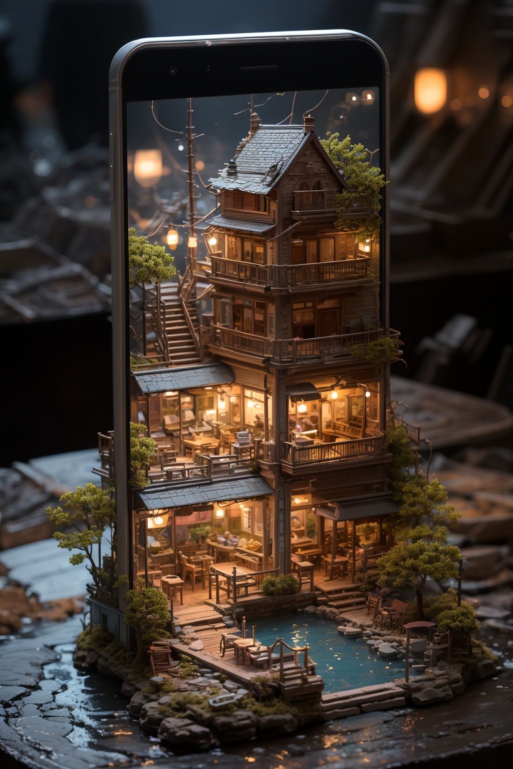 BJ_phone_and_world,outdoors,water,blurry,tree,no_humans,phone,cellphone,building,scenery,smartphone,cinematic lighting,strong contrast,high level of detail,Best quality,masterpiece,White background,<lora:phone_and_world:0.7>,