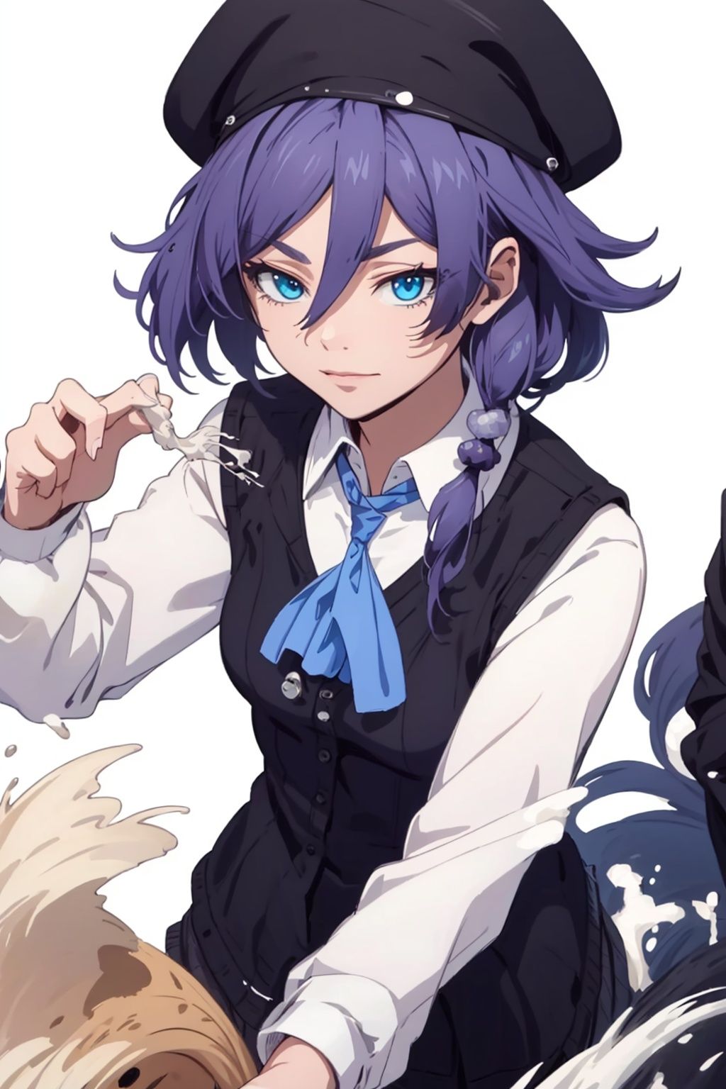 (masterpiece:1.3),(the best quality:1.2),(super fine illustrations:1.2),(Masterpiece),high quality,high detail,(white background:1.2),looking at viewer,(SOLO:1.4),outline,simple background,, hat,skirt,beret,vest,blue necktie,hair between eyes,purple hair,shoulder bag,white shirt,fu hua,