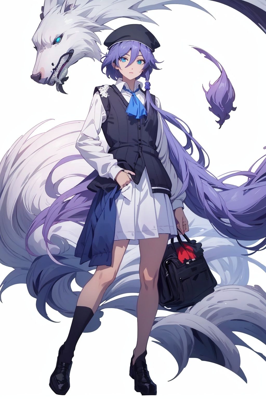 (masterpiece:1.3),(the best quality:1.2),(super fine illustrations:1.2),(Masterpiece),high quality,high detail,(white background:1.2),looking at viewer,(SOLO:1.4),outline,simple background,, hat,skirt,beret,vest,blue necktie,hair between eyes,purple hair,shoulder bag,white shirt,fu hua,