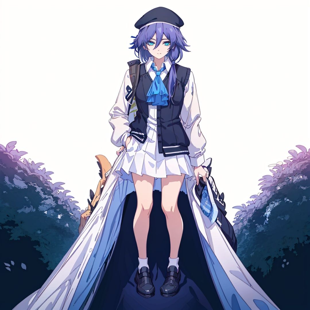 (masterpiece:1.3),(the best quality:1.2),(super fine illustrations:1.2),(Masterpiece),high quality,high detail,(white background:1.2),looking at viewer,(SOLO:1.4),outline,simple background,, hat,skirt,beret,vest,blue necktie,hair between eyes,purple hair,shoulder bag,white shirt,fu hua,