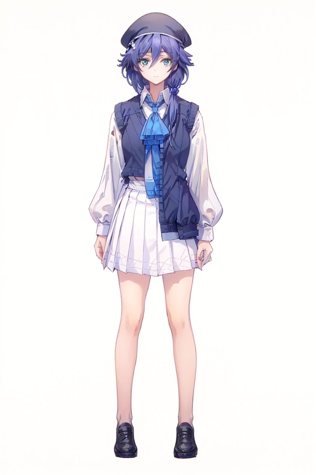 (masterpiece:1.3),(the best quality:1.2),(super fine illustrations:1.2),(Masterpiece),high quality,high detail,(white background:1.2),looking at viewer,(SOLO:1.4),outline,simple background,, hat,skirt,beret,vest,blue necktie,hair between eyes,purple hair,shoulder bag,white shirt,fu hua,