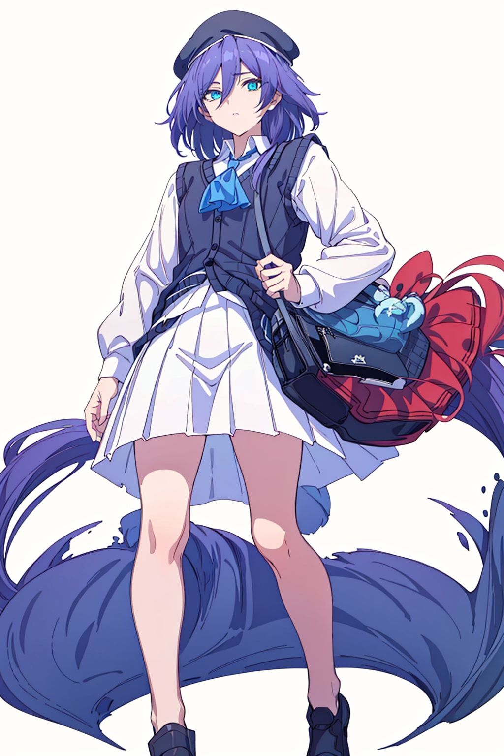 (masterpiece:1.3),(the best quality:1.2),(super fine illustrations:1.2),(Masterpiece),high quality,high detail,(white background:1.2),looking at viewer,(SOLO:1.4),outline,simple background,, hat,skirt,beret,vest,blue necktie,hair between eyes,purple hair,shoulder bag,white shirt,fu hua,