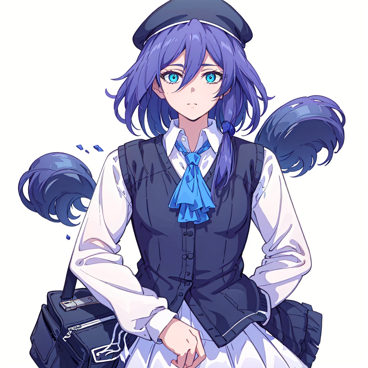  (masterpiece:1.3),(the best quality:1.2),(super fine illustrations:1.2),(Masterpiece),high quality,high detail,(white background:1.2),looking at viewer,(SOLO:1.4),outline,simple background,, hat,skirt,beret,vest,blue necktie,hair between eyes,purple hair,shoulder bag,white shirt,fu hua,