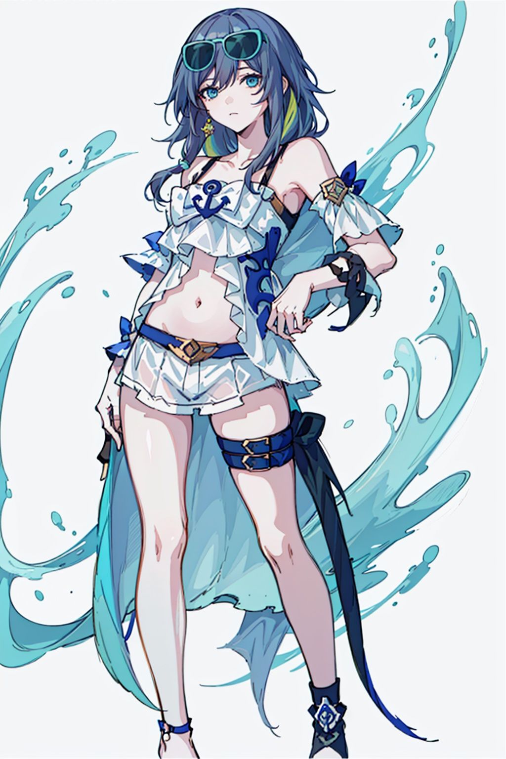 (masterpiece:1.3),(the best quality:1.2),(super fine illustrations:1.2),(Masterpiece),high quality,high detail,(white background:1.2),looking at viewer,(SOLO:1.4),outline,simple background,, navel,hair_between_eyes,seagull,hair ornament,fu hua,swimsuit,blue eyes,multicolored hair,sunglasses,eyewear on head,bare shoulders,