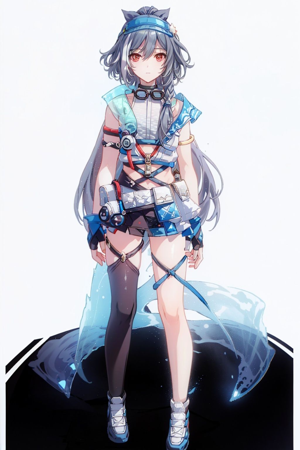 (masterpiece:1.3),(the best quality:1.2),(super fine illustrations:1.2),(Masterpiece),high quality,high detail,(white background:1.2),looking at viewer,(SOLO:1.4),outline,simple background,, fingerless gloves,red eyes,white footwear,anchor,shoes,silver hair,goggles,hair ribbon,bare shoulders,hair ornament,hair between eyes,hat,ponytail,collar,hairband,grey hair,thighhighs,