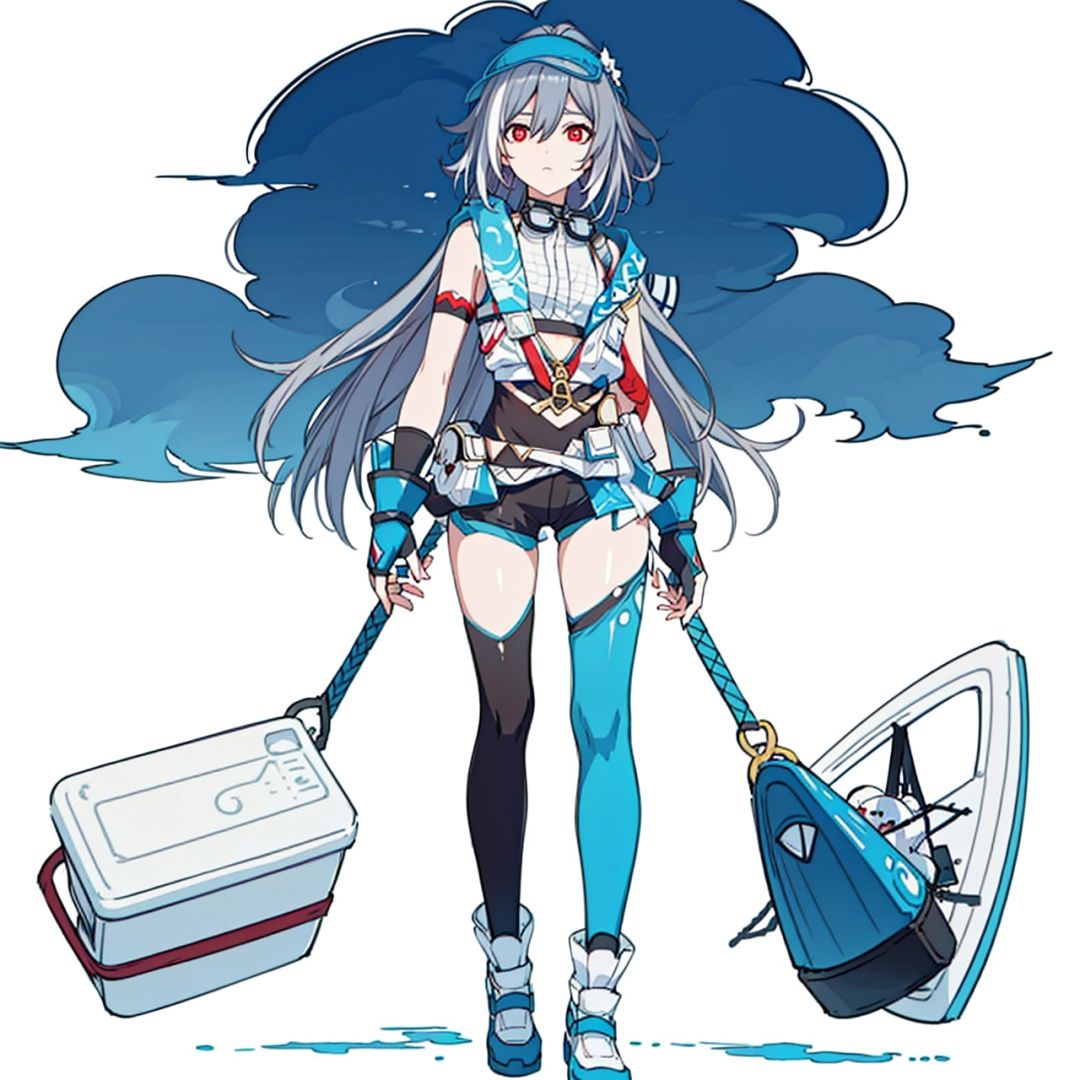 (masterpiece:1.3),(the best quality:1.2),(super fine illustrations:1.2),(Masterpiece),high quality,high detail,(white background:1.2),looking at viewer,(SOLO:1.4),outline,simple background,, fingerless gloves,red eyes,white footwear,anchor,shoes,silver hair,goggles,hair ribbon,bare shoulders,hair ornament,hair between eyes,hat,ponytail,collar,hairband,grey hair,thighhighs,