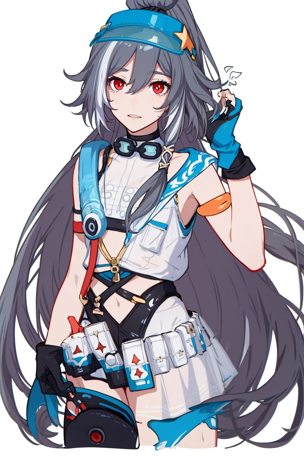 (masterpiece:1.3),(the best quality:1.2),(super fine illustrations:1.2),(Masterpiece),high quality,high detail,(white background:1.2),looking at viewer,(SOLO:1.4),outline,simple background,, fingerless gloves,red eyes,white footwear,anchor,shoes,silver hair,goggles,hair ribbon,bare shoulders,hair ornament,hair between eyes,hat,ponytail,collar,hairband,grey hair,thighhighs,