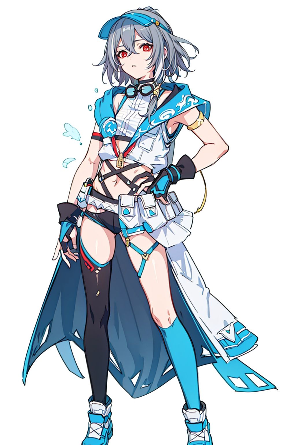(masterpiece:1.3),(the best quality:1.2),(super fine illustrations:1.2),(Masterpiece),high quality,high detail,(white background:1.2),looking at viewer,(SOLO:1.4),outline,simple background,, fingerless gloves,red eyes,white footwear,anchor,shoes,silver hair,goggles,hair ribbon,bare shoulders,hair ornament,hair between eyes,hat,ponytail,collar,hairband,grey hair,thighhighs,